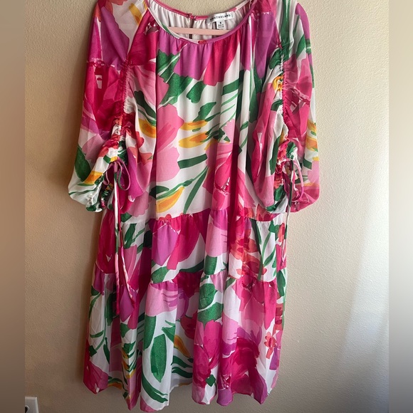 Bright Pink Floral Tiered Casual Dress with Green Accents - Women's - Picture 5 of 9